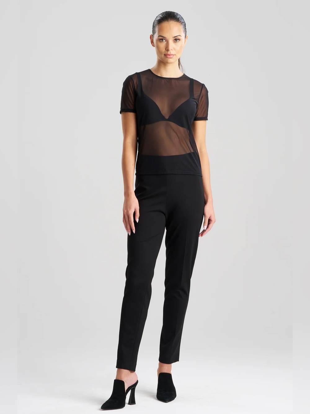 Natori Black Sheer Short-Sleeve Top